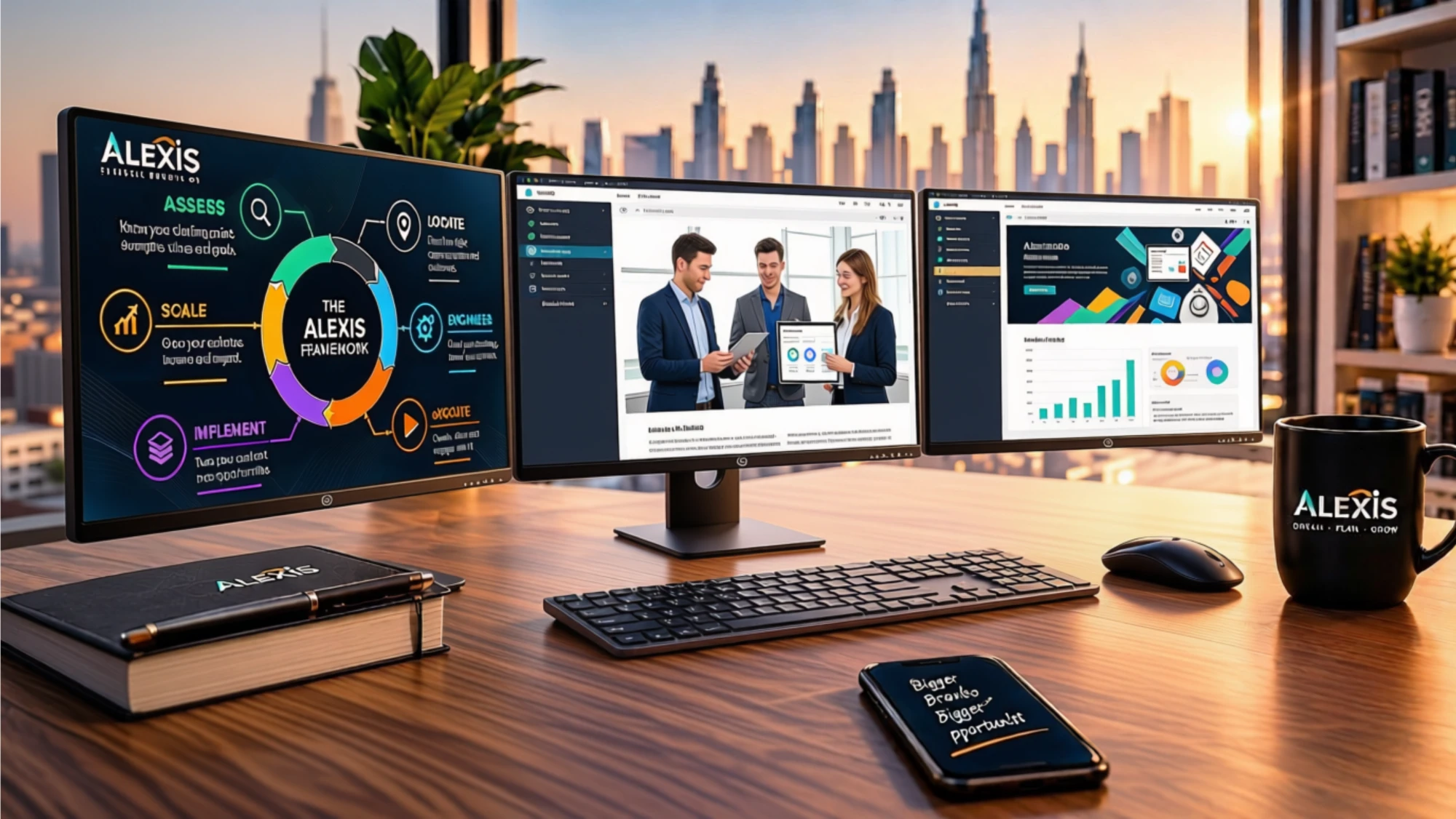 The ALEXIS framework and workspace on three screens overlooking the Dubai skyline