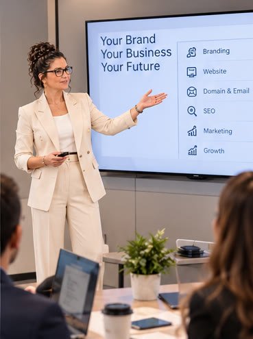 Ana Maria Sufana presenting the package: branding, website, domain and email, SEO, marketing and growth