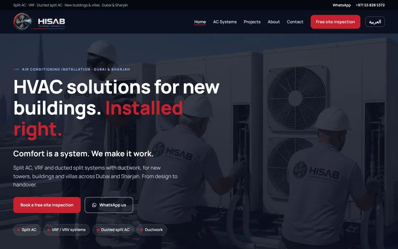 Hisab Technical Services website home page, designed and built by ALEXIS