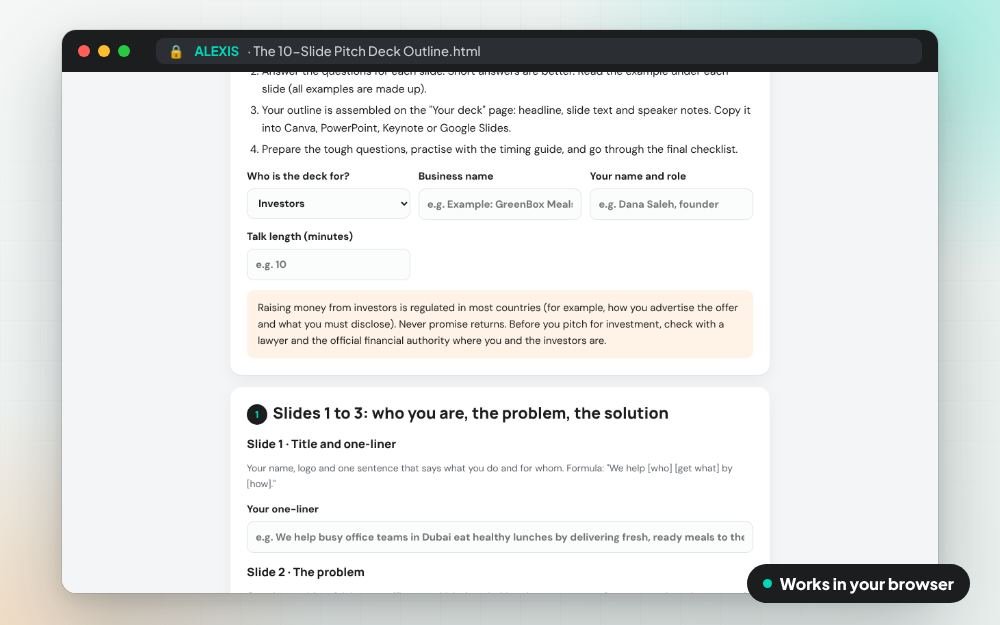 The 10-Slide Pitch Deck Outline: The small app on screen: you fill it in, it does the sums and keeps your answers.