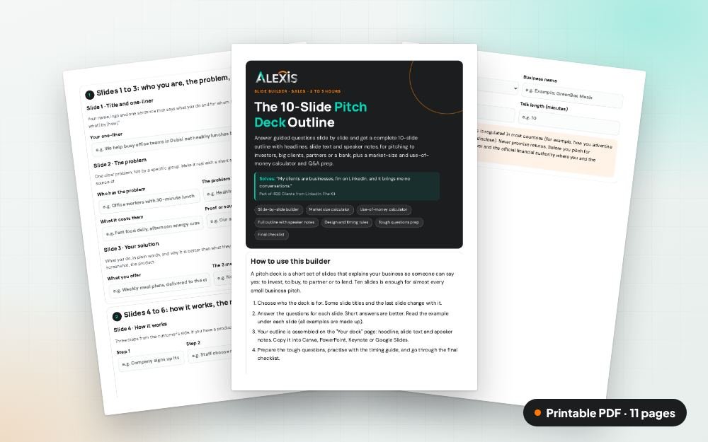 The 10-Slide Pitch Deck Outline: The printable PDF: the same content to print, save or share.