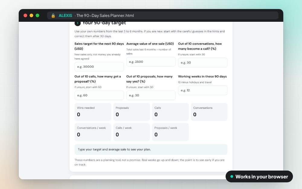 The 90-Day Sales Planner: The small app on screen: you fill it in, it does the sums and keeps your answers.