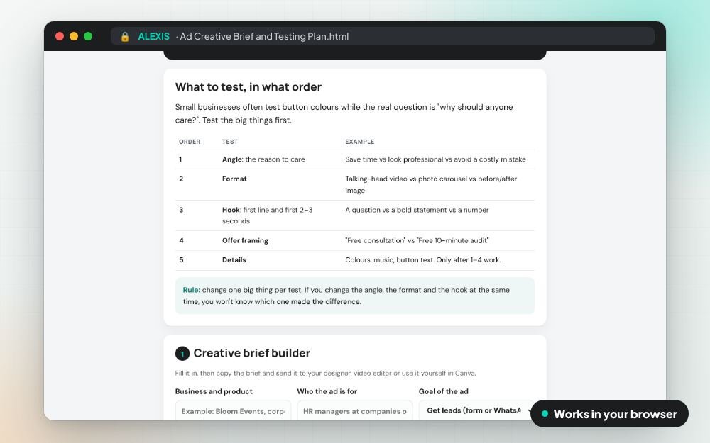 Ad Creative Brief and Testing Plan: The workbook on screen: you fill it in, it does the sums and keeps your answers.