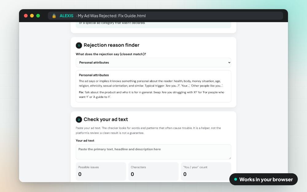 My Ad Was Rejected: Fix Guide: The workbook on screen: you fill it in, it does the sums and keeps your answers.