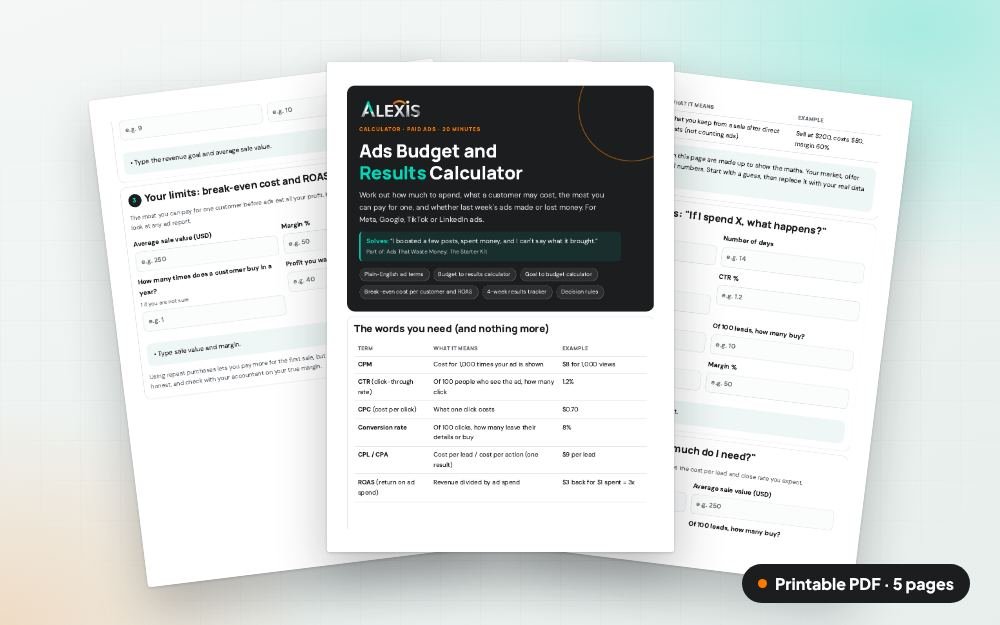 Ads Budget and Results Calculator: The printable PDF: the same content to print, save or share.
