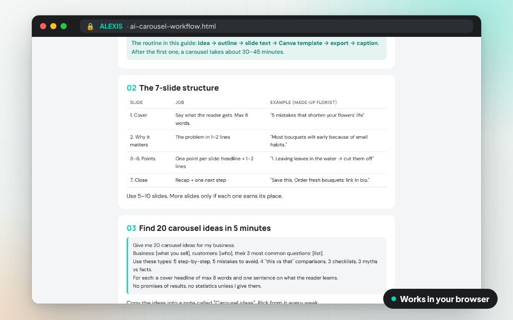 AI Carousel Workflow: The prompt pack on screen: you fill it in, it does the sums and keeps your answers.