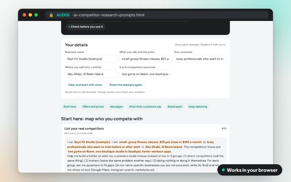 AI Competitor Research Prompts: The prompt pack on screen: you fill it in, it does the sums and keeps your answers.