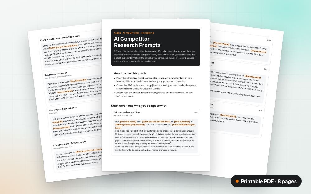 AI Competitor Research Prompts: The printable PDF: the same content to print, save or share.