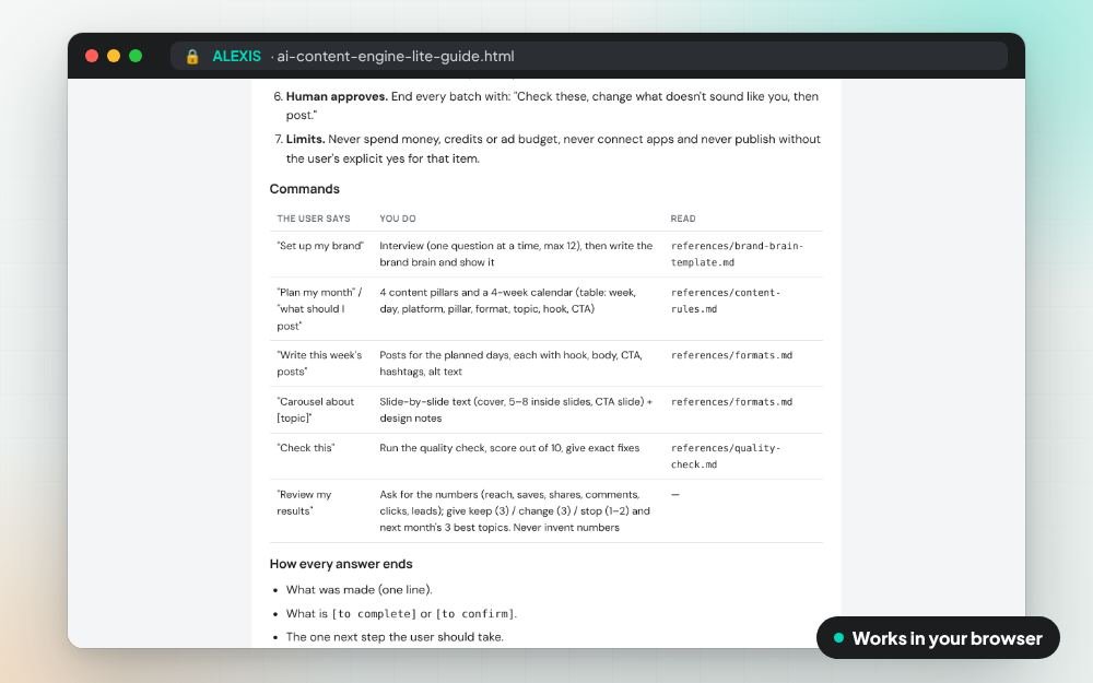 AI Content Engine Lite: The ai skill on screen: you fill it in, it does the sums and keeps your answers.