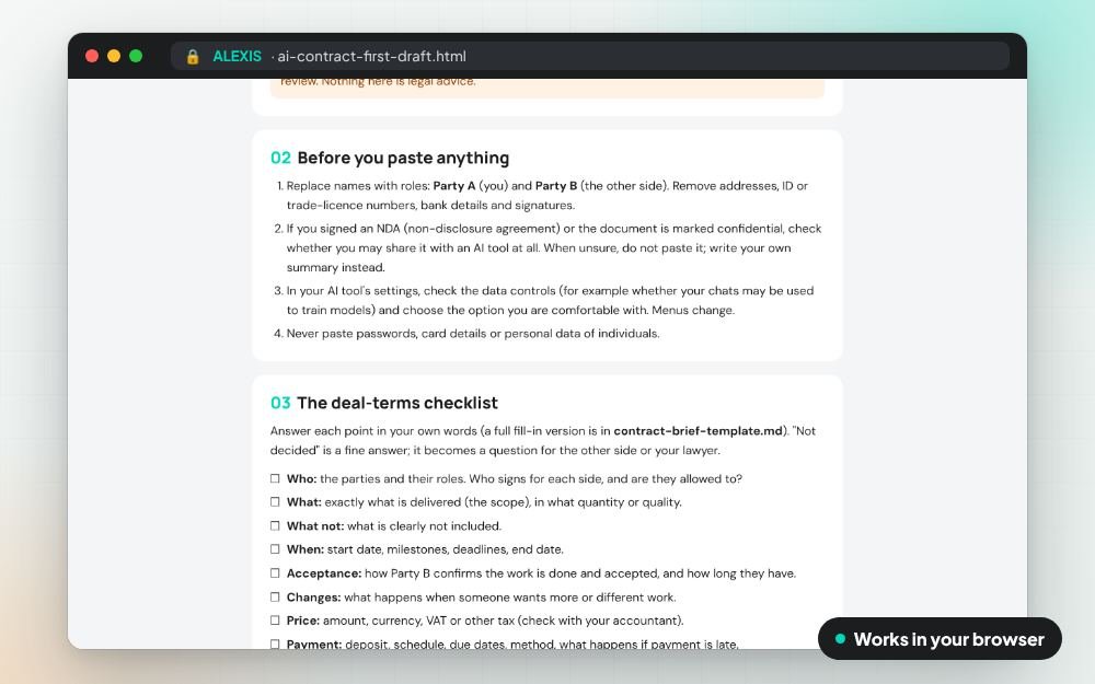 AI Contract First-Draft Checklist: The templates on screen: you fill it in, it does the sums and keeps your answers.