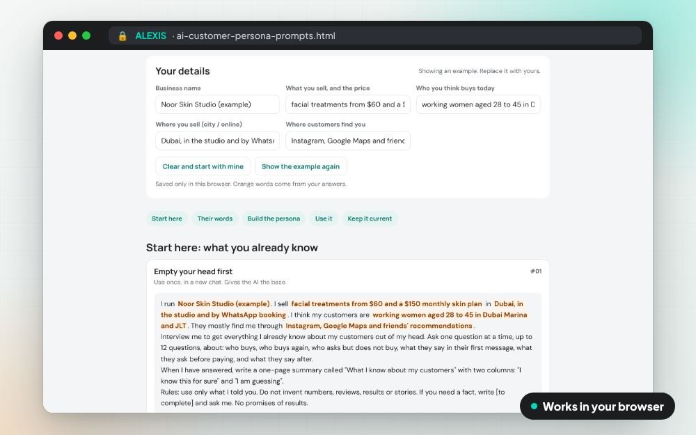 AI Customer Persona Prompts: The prompt pack on screen: you fill it in, it does the sums and keeps your answers.