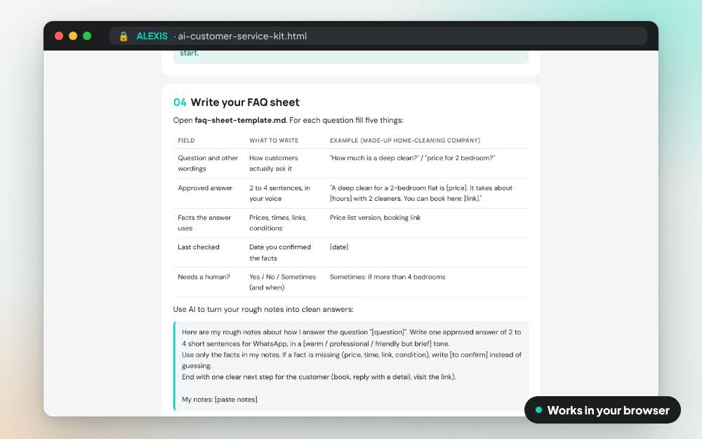 AI Customer Service Kit: The templates on screen: you fill it in, it does the sums and keeps your answers.
