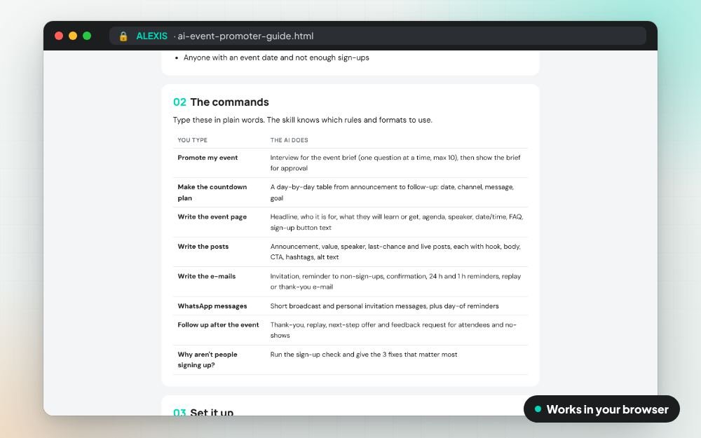 AI Event Promoter: The ai skill on screen: you fill it in, it does the sums and keeps your answers.