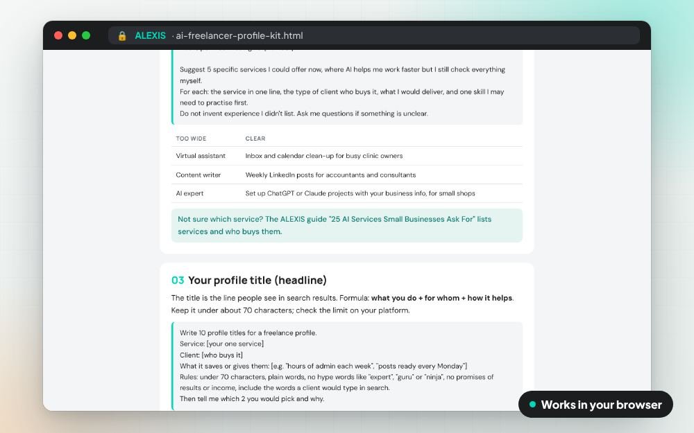 AI Freelancer Profile Kit: The templates on screen: you fill it in, it does the sums and keeps your answers.