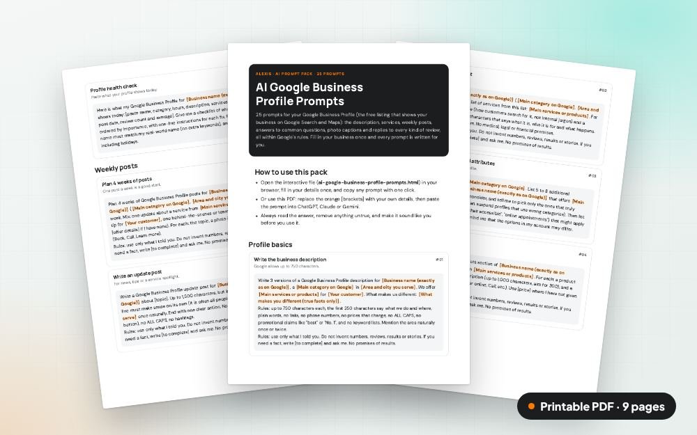 AI Google Business Profile Prompts: The printable PDF: the same content to print, save or share.