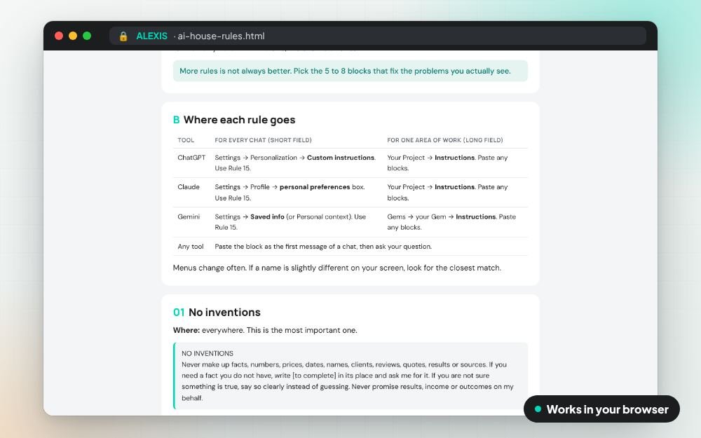 AI House Rules Pack: The prompt pack on screen: you fill it in, it does the sums and keeps your answers.