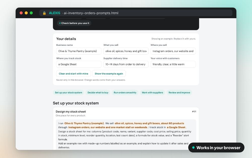 AI Inventory and Orders Prompts: The prompt pack on screen: you fill it in, it does the sums and keeps your answers.