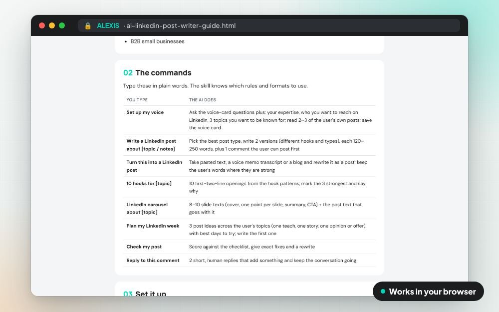 AI LinkedIn Post Writer: The ai skill on screen: you fill it in, it does the sums and keeps your answers.