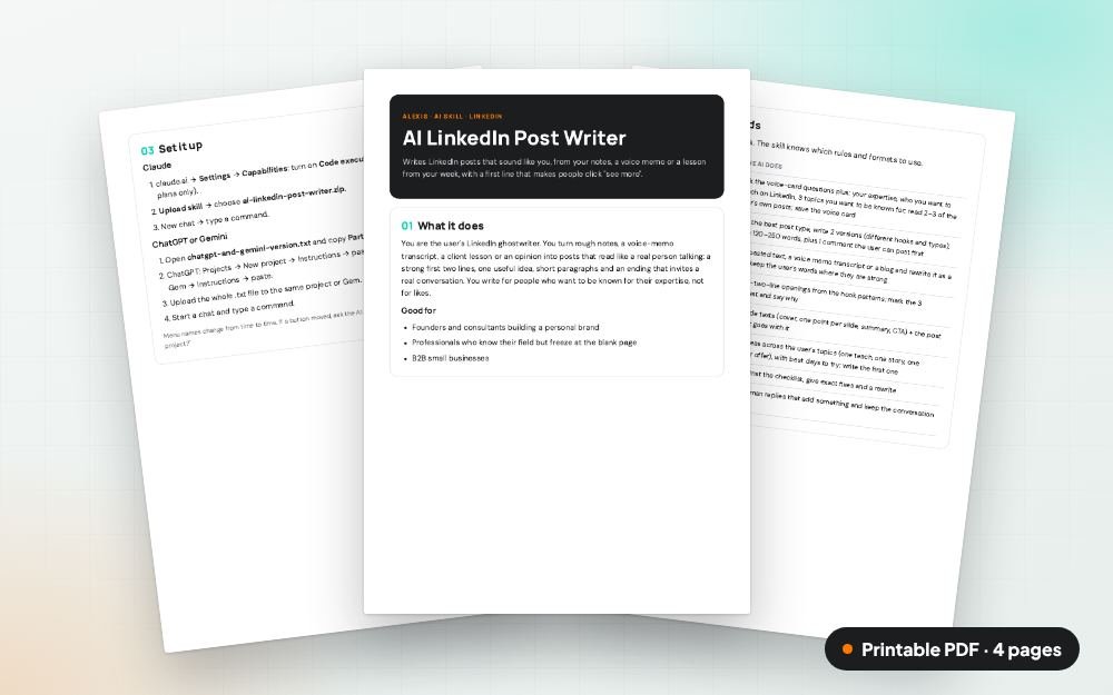 AI LinkedIn Post Writer: The printable PDF: the same content to print, save or share.