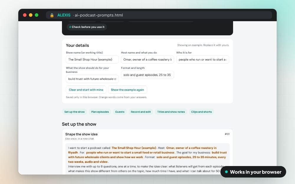 AI Podcast Prompts: The prompt pack on screen: you fill it in, it does the sums and keeps your answers.