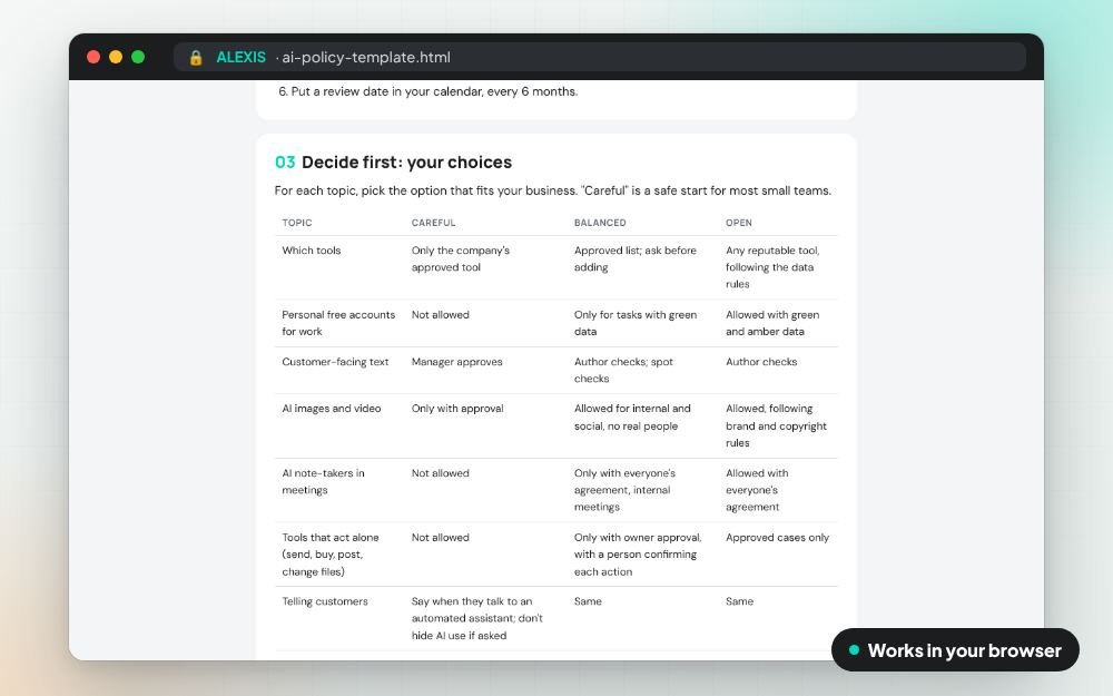 AI Policy Template for Your Team: The templates on screen: you fill it in, it does the sums and keeps your answers.