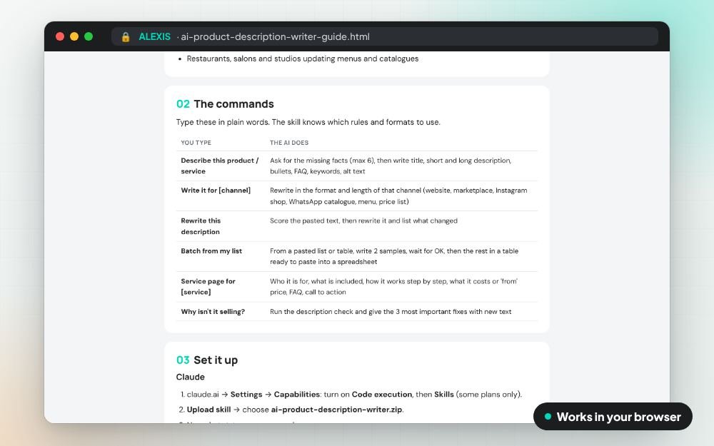 AI Product Description Writer: The ai skill on screen: you fill it in, it does the sums and keeps your answers.