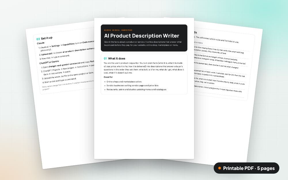 AI Product Description Writer: The printable PDF: the same content to print, save or share.