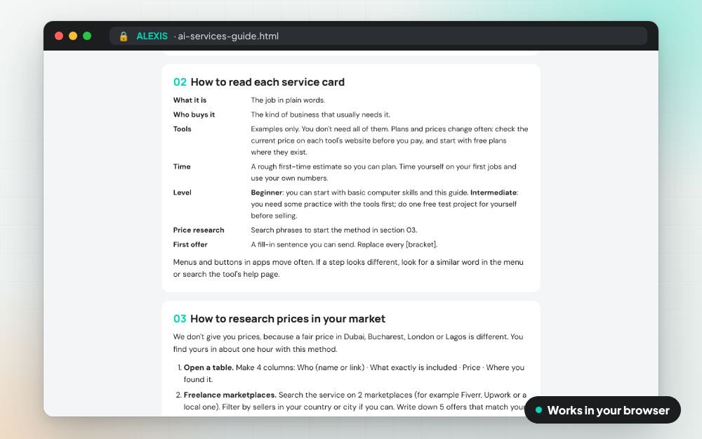 25 AI Services Small Businesses Ask For: The guide on screen: you fill it in, it does the sums and keeps your answers.