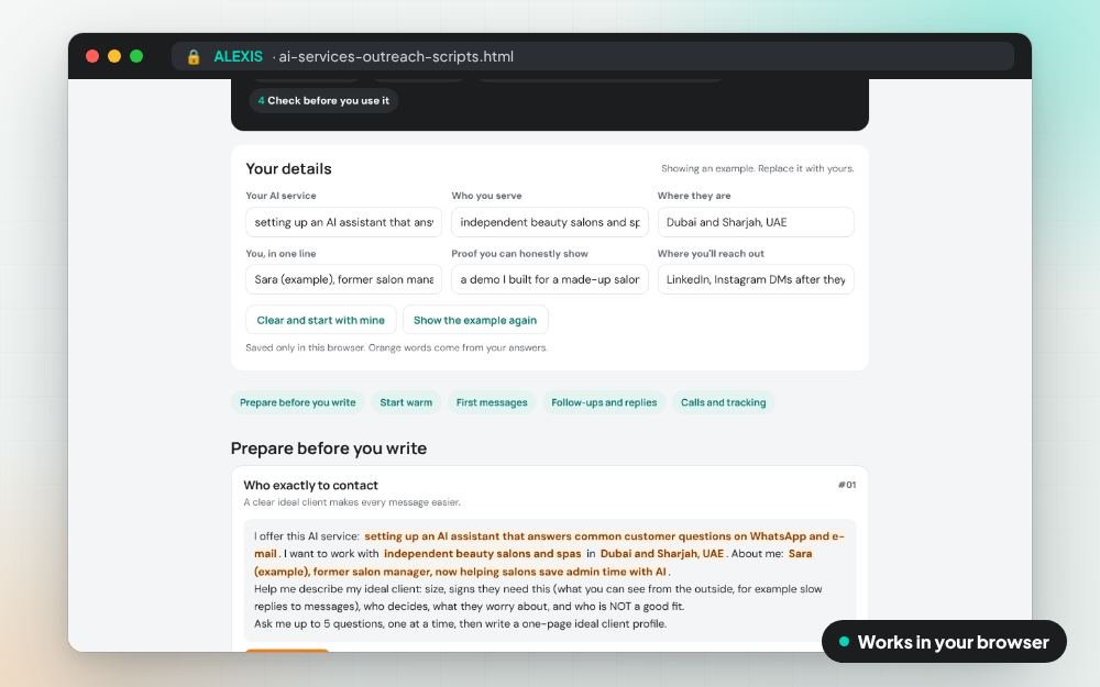 AI Services Outreach Scripts: The prompt pack on screen: you fill it in, it does the sums and keeps your answers.