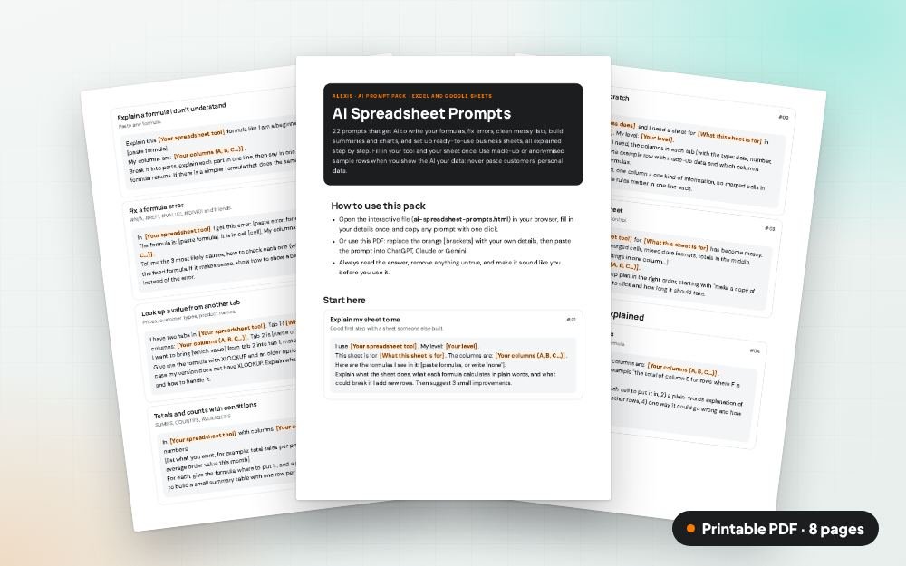 AI Spreadsheet Prompts: The printable PDF: the same content to print, save or share.