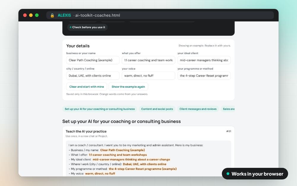 AI Toolkit for Coaches and Consultants: The prompt pack on screen: you fill it in, it does the sums and keeps your answers.