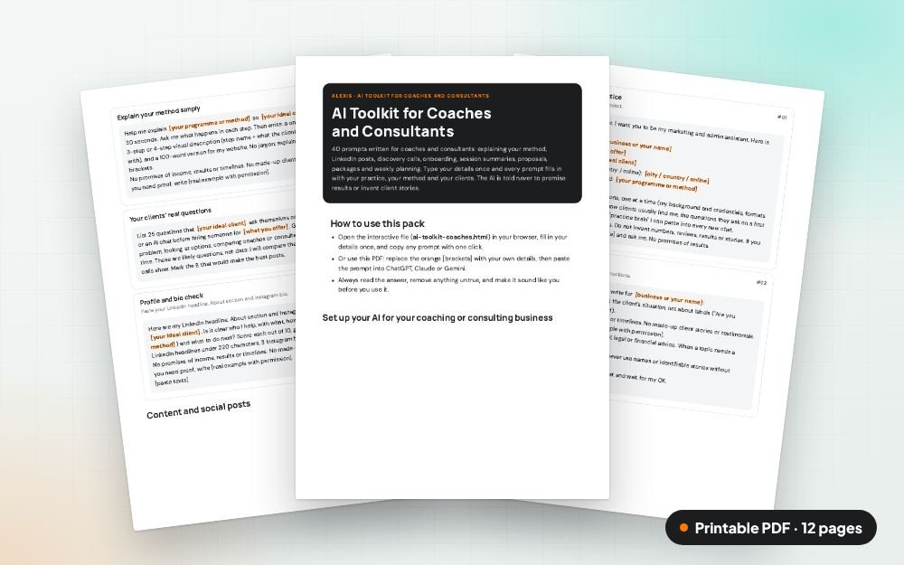 AI Toolkit for Coaches and Consultants: The printable PDF: the same content to print, save or share.