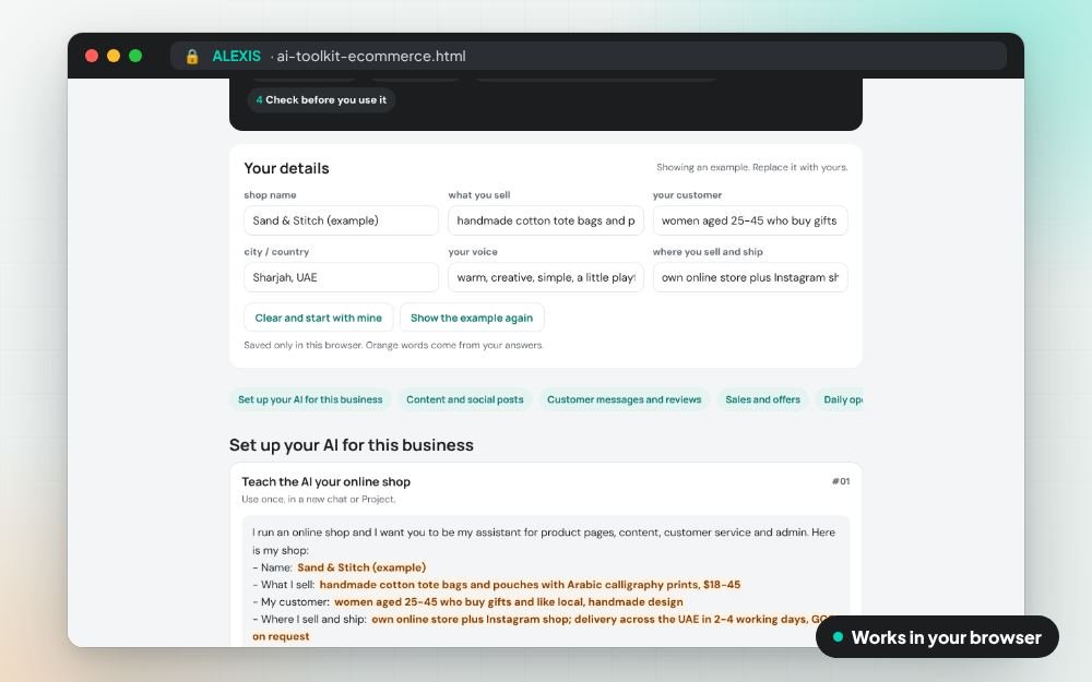 AI Toolkit for Online Shops: The prompt pack on screen: you fill it in, it does the sums and keeps your answers.