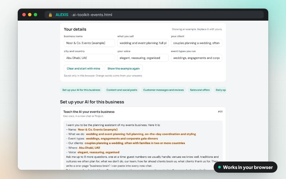AI Toolkit for Events and Weddings: The prompt pack on screen: you fill it in, it does the sums and keeps your answers.