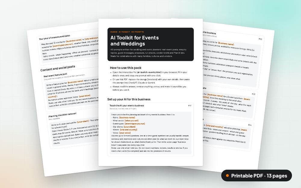 AI Toolkit for Events and Weddings: The printable PDF: the same content to print, save or share.