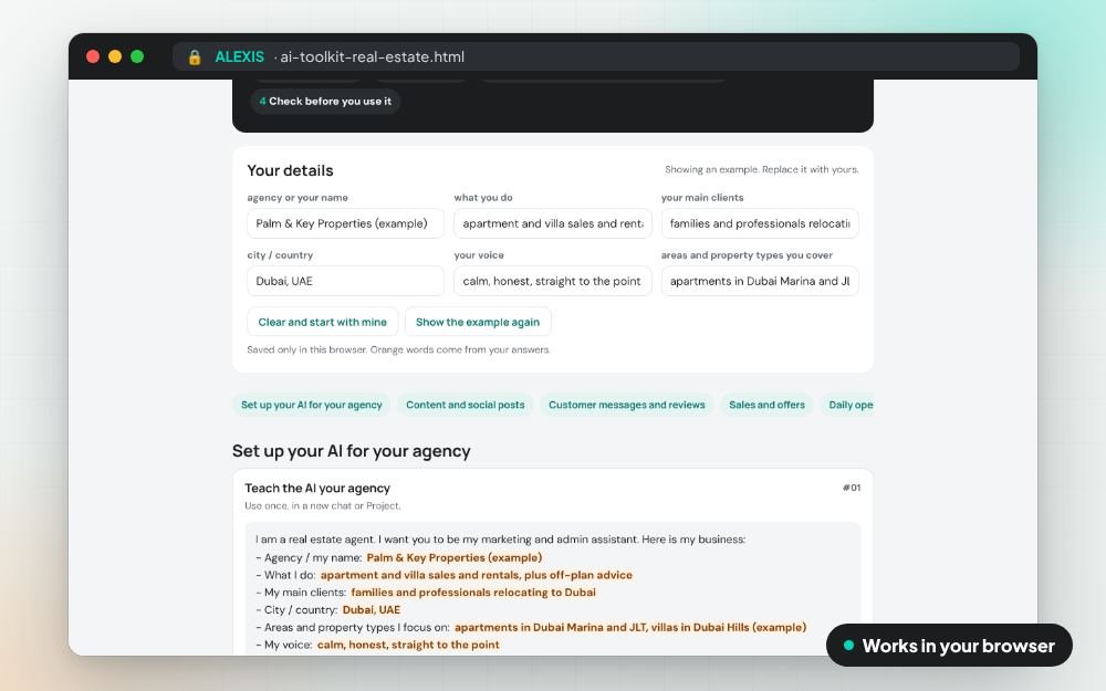 AI Toolkit for Real Estate Agents: The prompt pack on screen: you fill it in, it does the sums and keeps your answers.