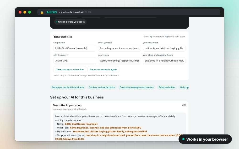 AI Toolkit for Retail Shops: The prompt pack on screen: you fill it in, it does the sums and keeps your answers.