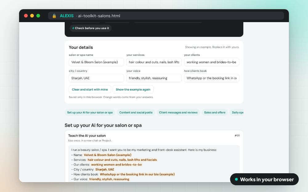 AI Toolkit for Beauty Salons and Spas: The prompt pack on screen: you fill it in, it does the sums and keeps your answers.