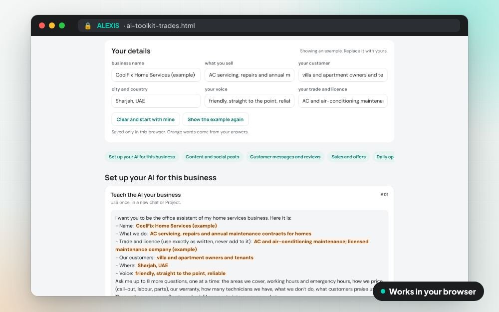 AI Toolkit for Home Services and Trades: The prompt pack on screen: you fill it in, it does the sums and keeps your answers.