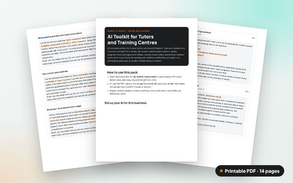 AI Toolkit for Tutors and Training Centres: The printable PDF: the same content to print, save or share.