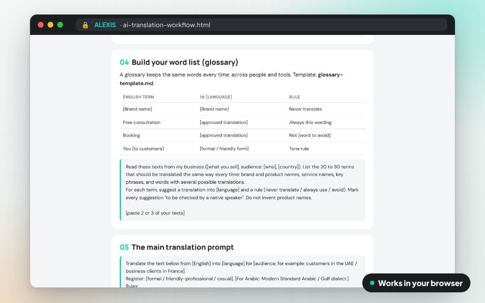 AI Translation Workflow: The templates on screen: you fill it in, it does the sums and keeps your answers.