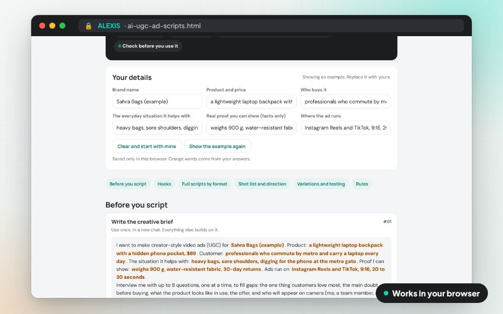 AI UGC Ad Scripts: The prompt pack on screen: you fill it in, it does the sums and keeps your answers.