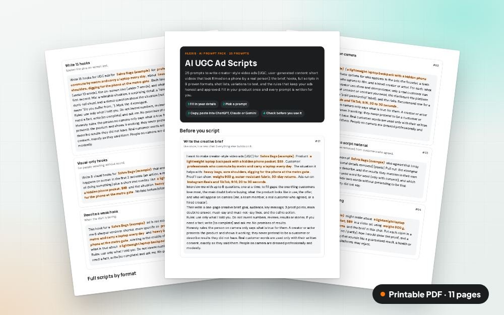AI UGC Ad Scripts: The printable PDF: the same content to print, save or share.