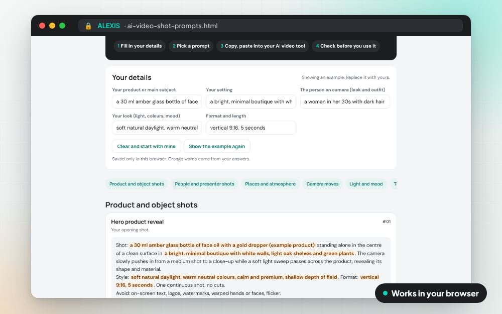 50 AI Video Shot Prompts: The prompt pack on screen: you fill it in, it does the sums and keeps your answers.
