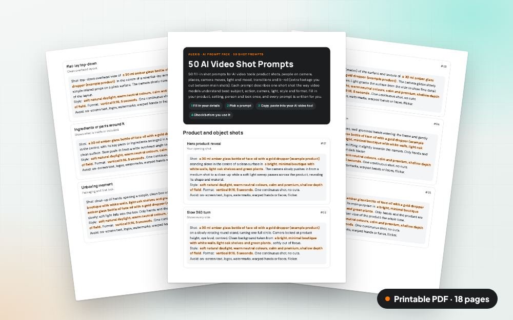 50 AI Video Shot Prompts: The printable PDF: the same content to print, save or share.