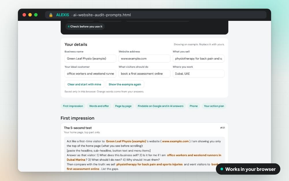 AI Website Audit Prompts: The prompt pack on screen: you fill it in, it does the sums and keeps your answers.