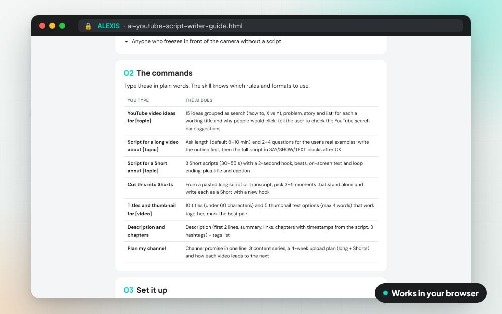 AI YouTube Script Writer: The ai skill on screen: you fill it in, it does the sums and keeps your answers.