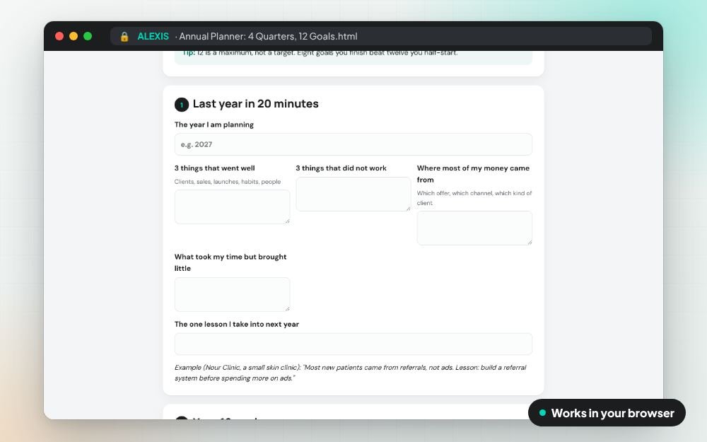 Annual Planner: 4 Quarters, 12 Goals: The small app on screen: you fill it in, it does the sums and keeps your answers.