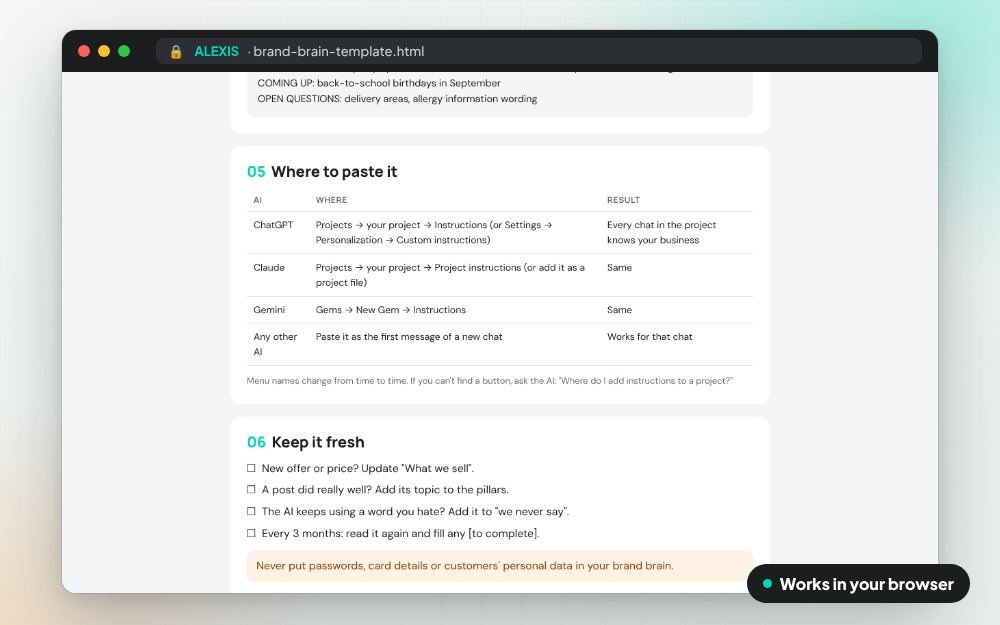 Brand Brain Template: The templates on screen: you fill it in, it does the sums and keeps your answers.
