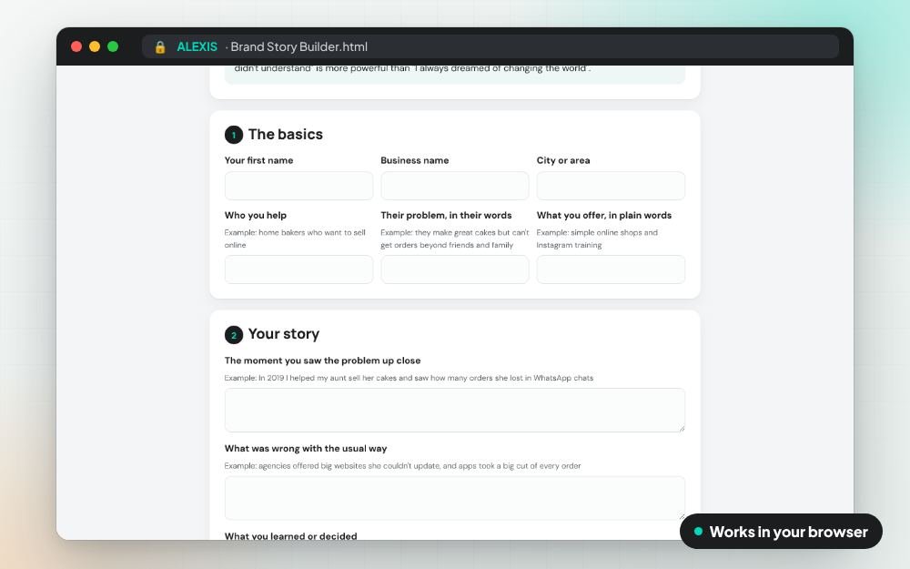 Brand Story Builder: The small app on screen: you fill it in, it does the sums and keeps your answers.